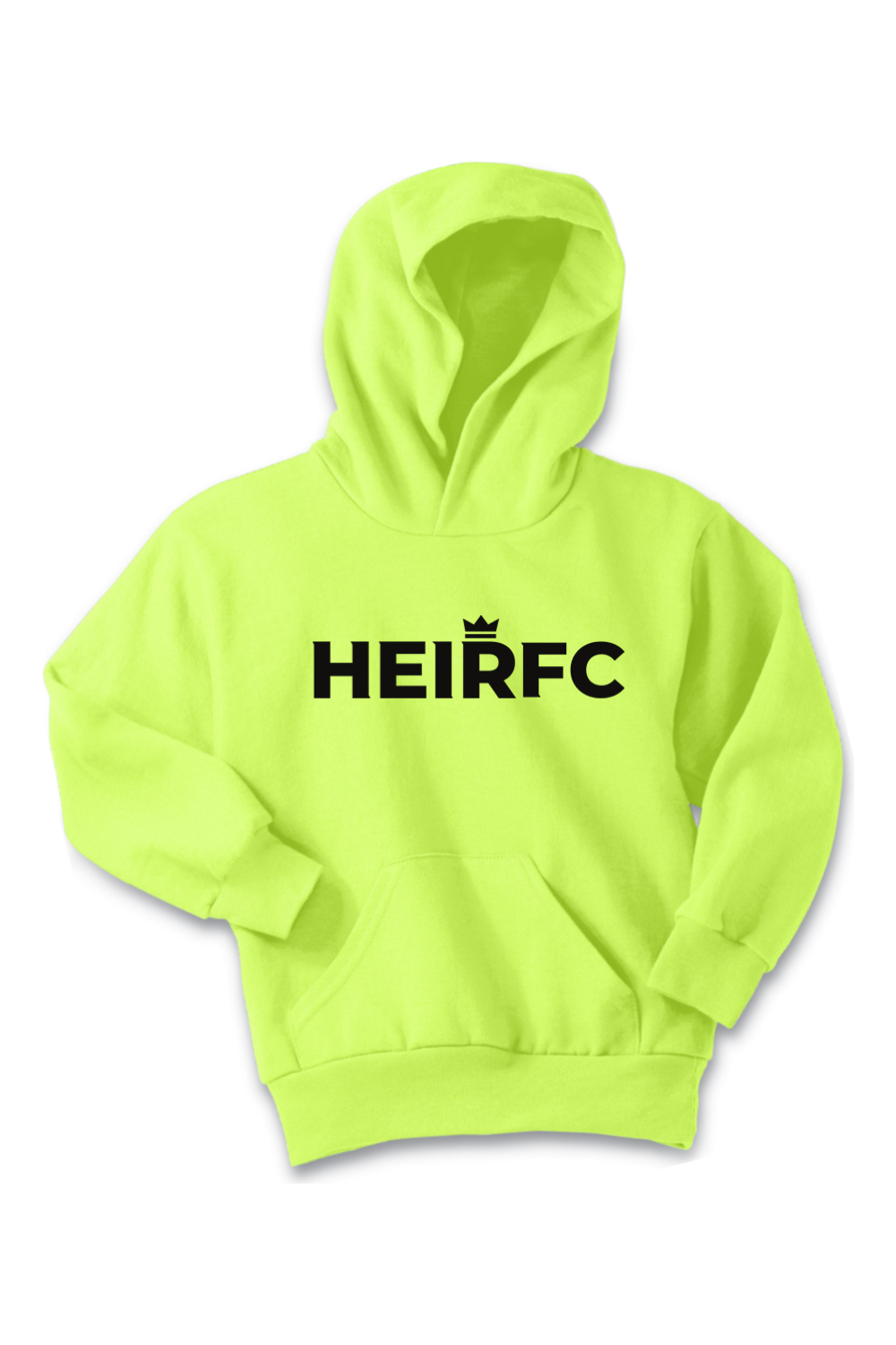 Neon green hoodie with 'HEIRFC' text on a white background